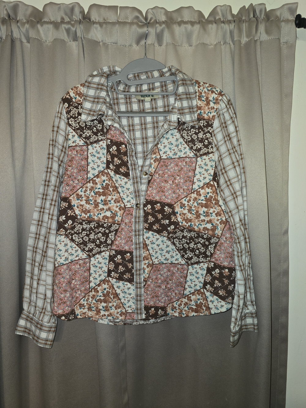 Patchwork Floral Plaid Blazer Jacket - Brown/Pink/Cream